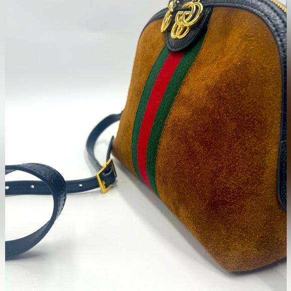 Auth Gucci Ophidia Dome Half Moon Web Cognac Brown Suede Small Crossbody Bag Ex+ - Picture 10 of 16